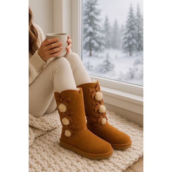 Koolaburra by UGG Chestnut Suede Shearling Pom Pom Bow Boots Women’s 8 - Picture 1 of 8